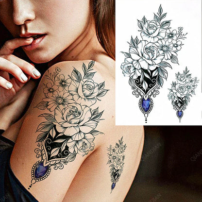 sengpan Black Flower Rose Waterproof Temporary Bird Snake Sexy Body Arm Leg Gem Henna Tattoo Fashion Big Fake Sleeve Sticker