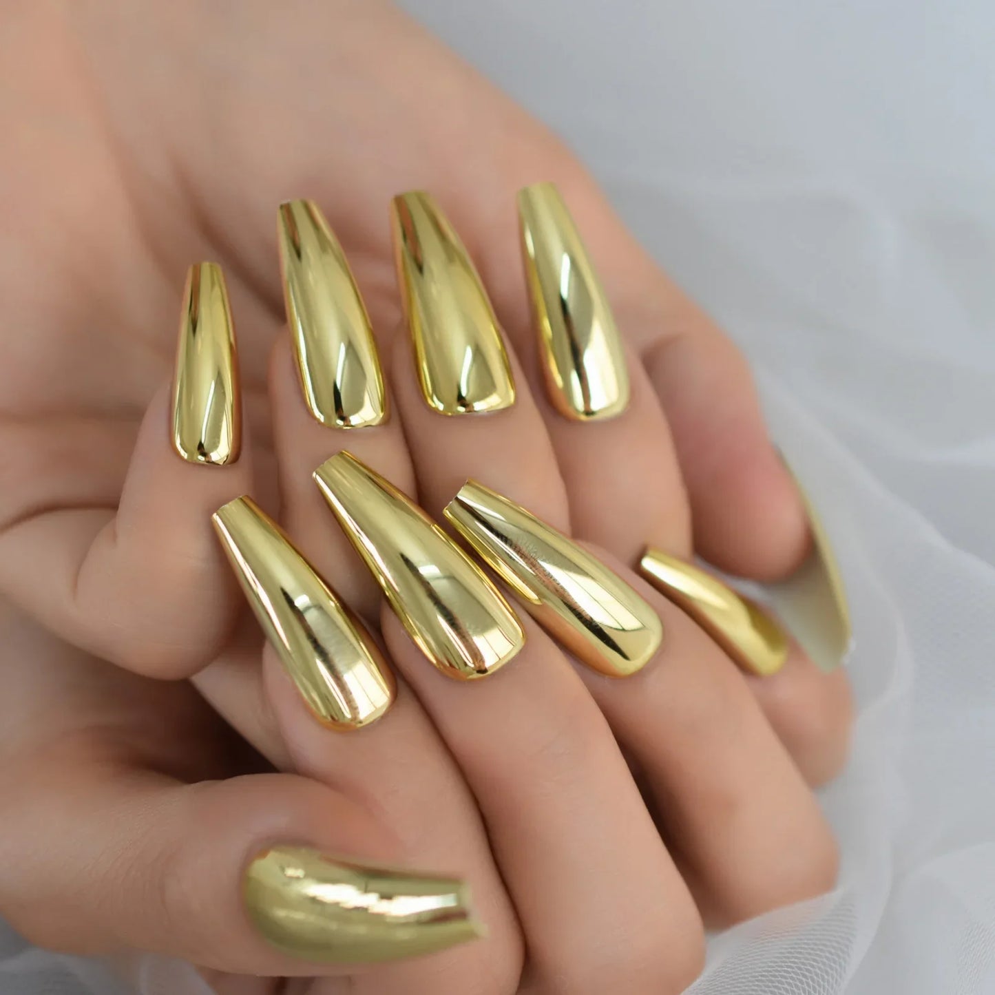 sengpan Metallic Coffin Nail Tips False Nails Long Ballerina Gold Mirror Fake Nails Press On Full Set For Fingernail Decorations