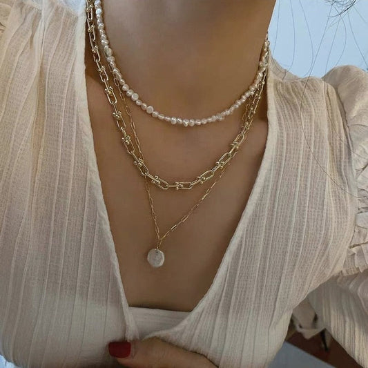 sengpan Christmas wishlist French Vintage Three Layered Freshwater Pearl Necklaces Gold Color Linked Chain Chokers Necklace for Women Minimalist Jewelry