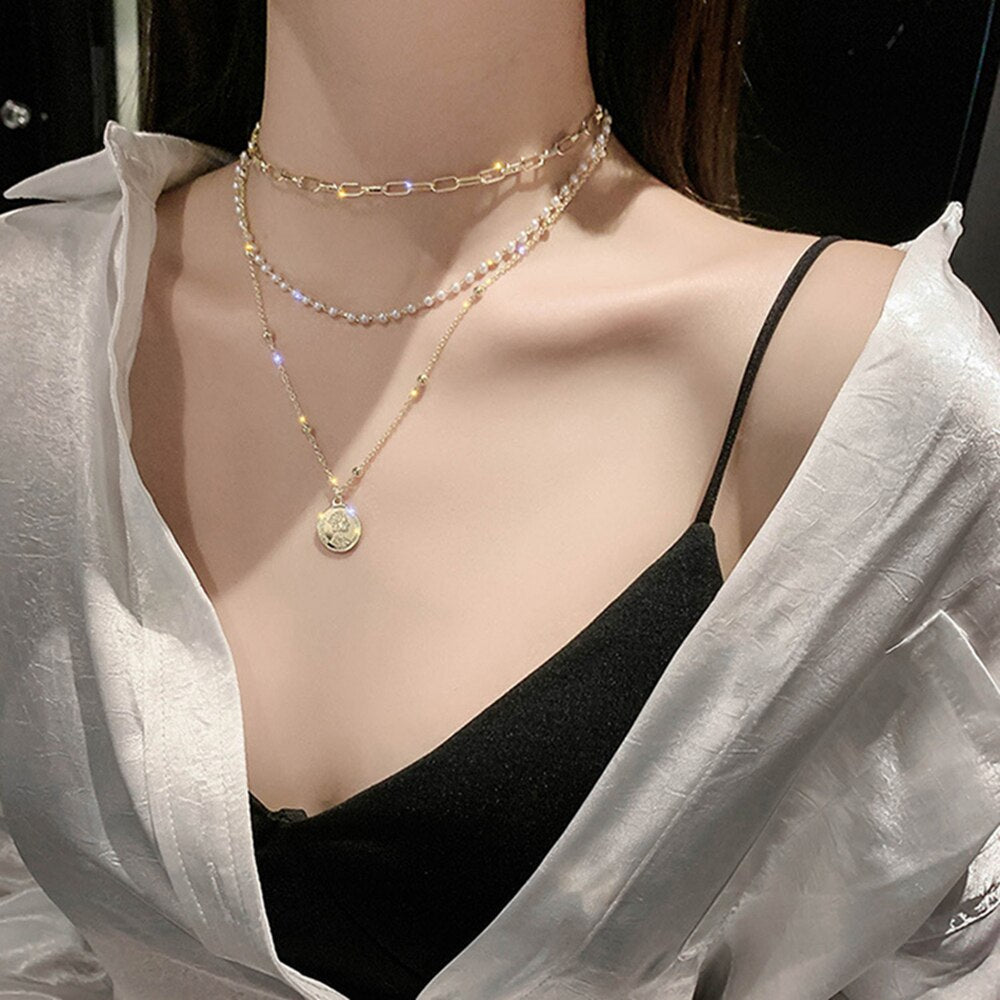 sengpan Vintage Multiayered Pearl Necklace For Women Fashion Golden Portrait Coin Pendant Thick Chain Necklaces Jewelry Gifts