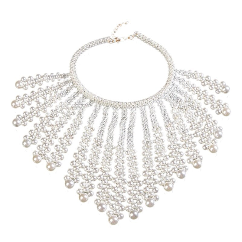 sengpan bridal jewelry set for wedding Women Imitation Pearl Beaded Bib Choker Necklace Body Chain Shawl Collar Jewelry J78E