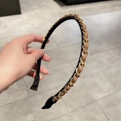 sengpan Slim Narrow Headband For Women Girl PU Leather Chains 5 Simple Camellia Hair Band Accessories Korean New Wholesale Office Gift