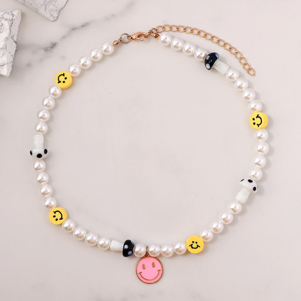 sengpan christmas gift ideas valentines day gifts for her Boho Smile Face Pearl Beaded Necklace For Women Colorful Heart Bead Handmade Necklaces Imitation Pearls Choker Sweet Jewelry New