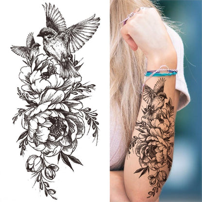 sengpan Lotus Flower Temporary Tattoo For Women Girls Snake Peony Lily Rose Chains Tattoos Sticker Black Blossom Fake Transferable Tatoo