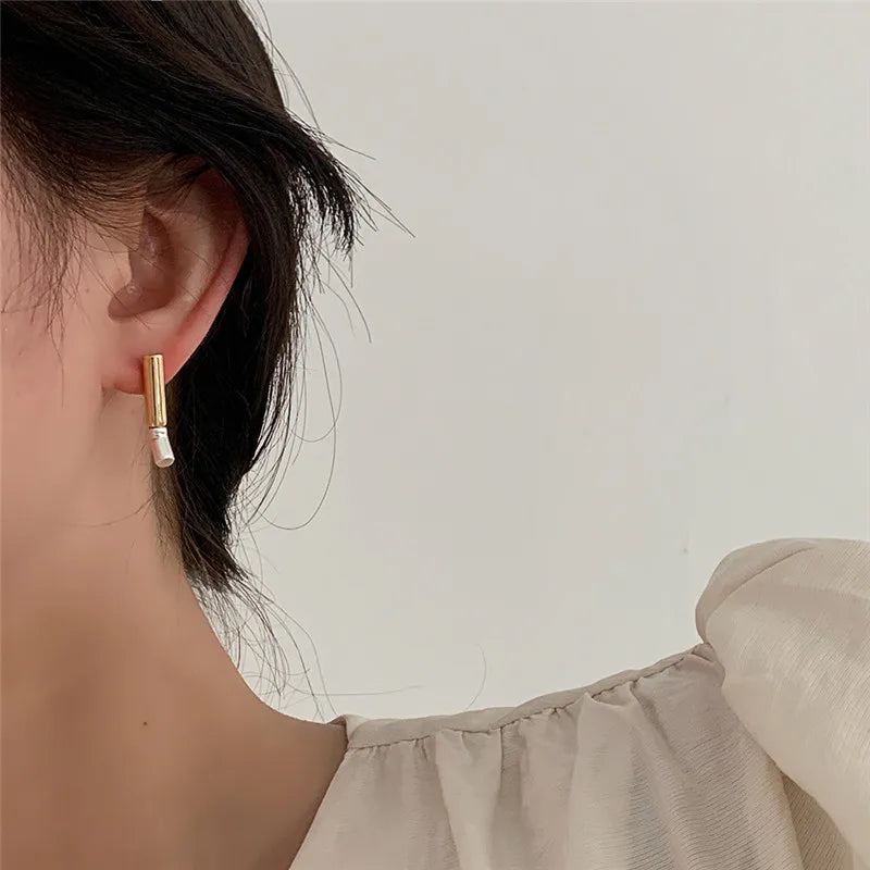 sengpan - French Simple Contrast Color Metal Cylindrical Earring Smooth Irregular Geometric Stitching Drop Earrings for Women Jewelry