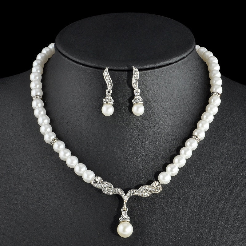 sengpan Elegant Simulated-pearl Bridal Jewelry Sets Rhinestone Pearl Drop NECKLACE+EARRINGS Wedding Jewelry Sets for Women Gifts