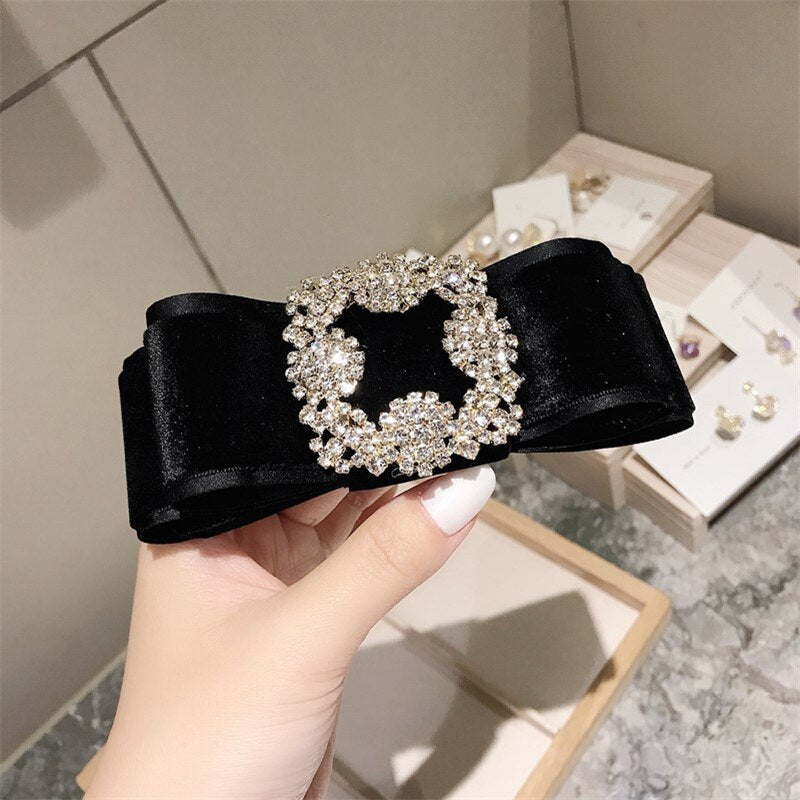 sengpan Black Velvet Barrette for Women Girl Big Rhinestone Hair Clip Hairpin Bow Knot Head Accessories Wholesale