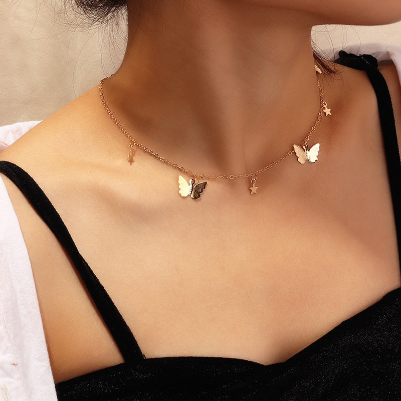 sengpan Christmas gifts ideas New Hot Sale Fashion Butterfly Pendant Necklace Alloy Double-Layer Clavicle Chain Butterfly Dangle Necklace Female Jewelry Gift