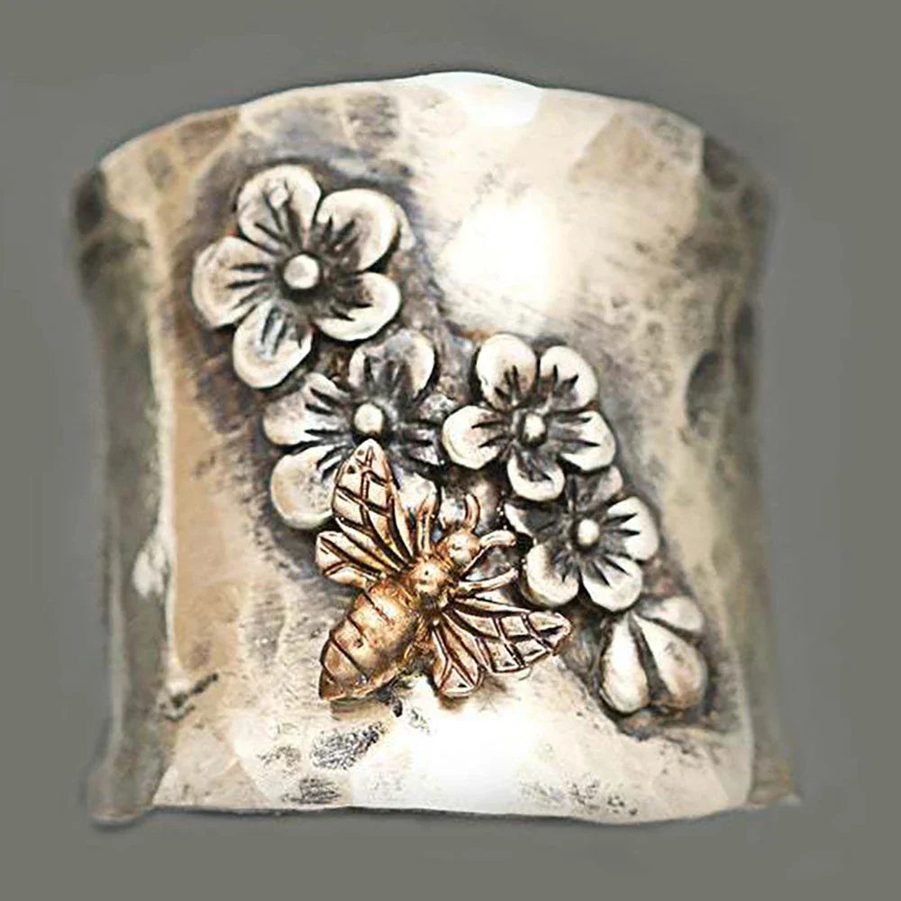 sengpan - Vintage Flower Bee Lady Ring Bohemian Flower Embossed Wedding Party Finger Jewelry Gift