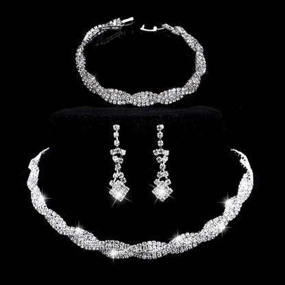 sengpan Silver Color Rhinestone Crystal Bridal Jewelry Sets for Women Necklace Earrings Bracelet Set Wedding Jewelry Accessories