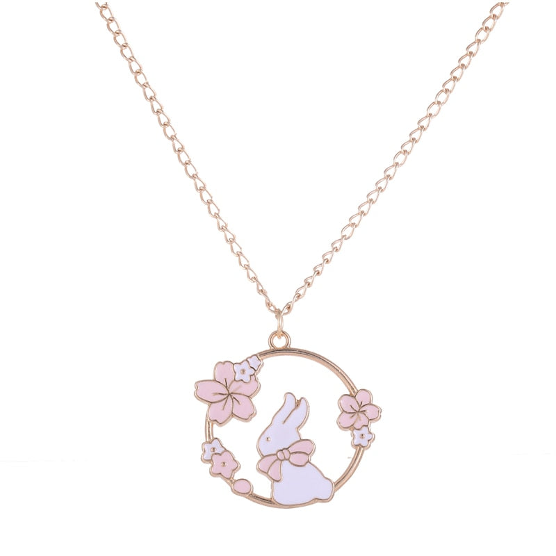 sengpan Fashion Creative Sakura Bunny Cat Necklace Cute Cartoon Garland Pendant Ladies Jewelry Accessories Necklaces Pink Wholesale