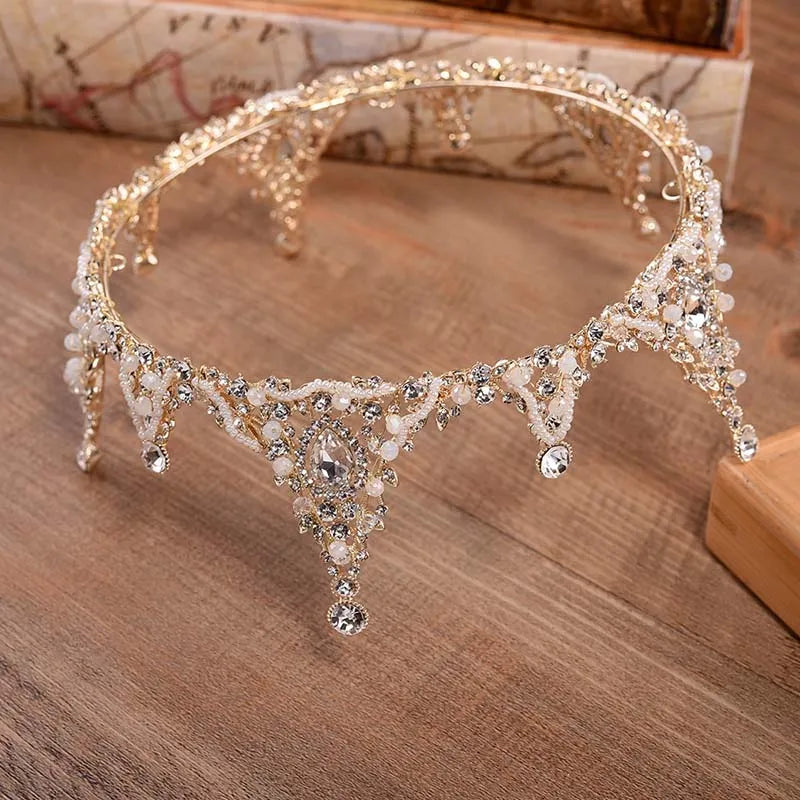 sengpan Baroque Bridal Crown Crystal Beads Full Round Tiara For Women Queen Diadem Wedding Hair Ornaments Jewelry Hair Accessories