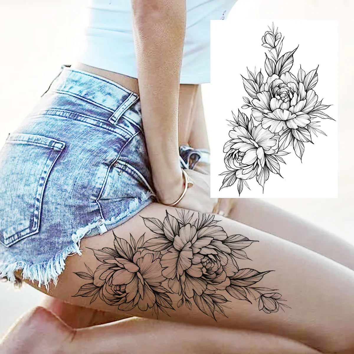 sengpan Sexy Flower Temporary Tattoos For Women Body Art Painting Arm Legs Tattoos Sticker Realistic Fake Black Rose Waterproof Tattoos