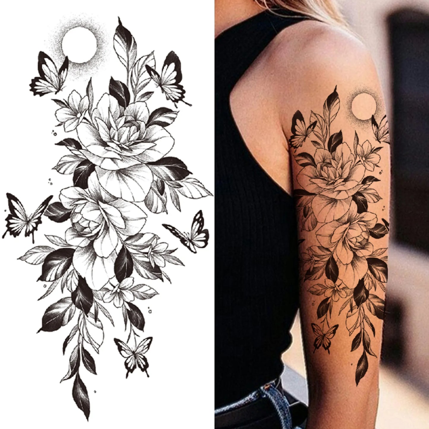 sengpan Death Skull Flower Temporary Tattoo For Women Girls Snake Bird Peony Tattoo Sticker Black Fake Blossom Sexy Tatoo Transfer Adult