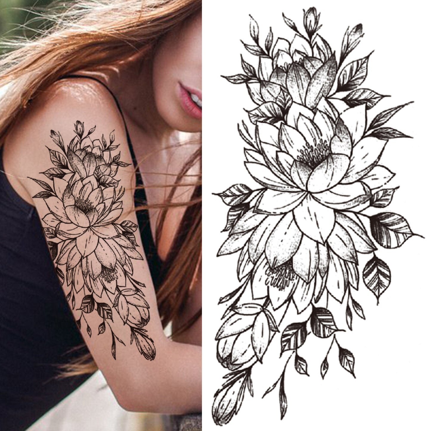 sengpan Black 3D Rose Temporary Tattoo For Women Girls Adult Peony Dahlia Flower Tattoos Sticker Black Flora Glory Geometric Arm Tatoos