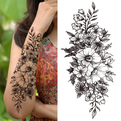 sengpan Death Skull Flower Temporary Tattoo For Women Girls Snake Bird Peony Tattoo Sticker Black Fake Blossom Sexy Tatoo Transfer Adult