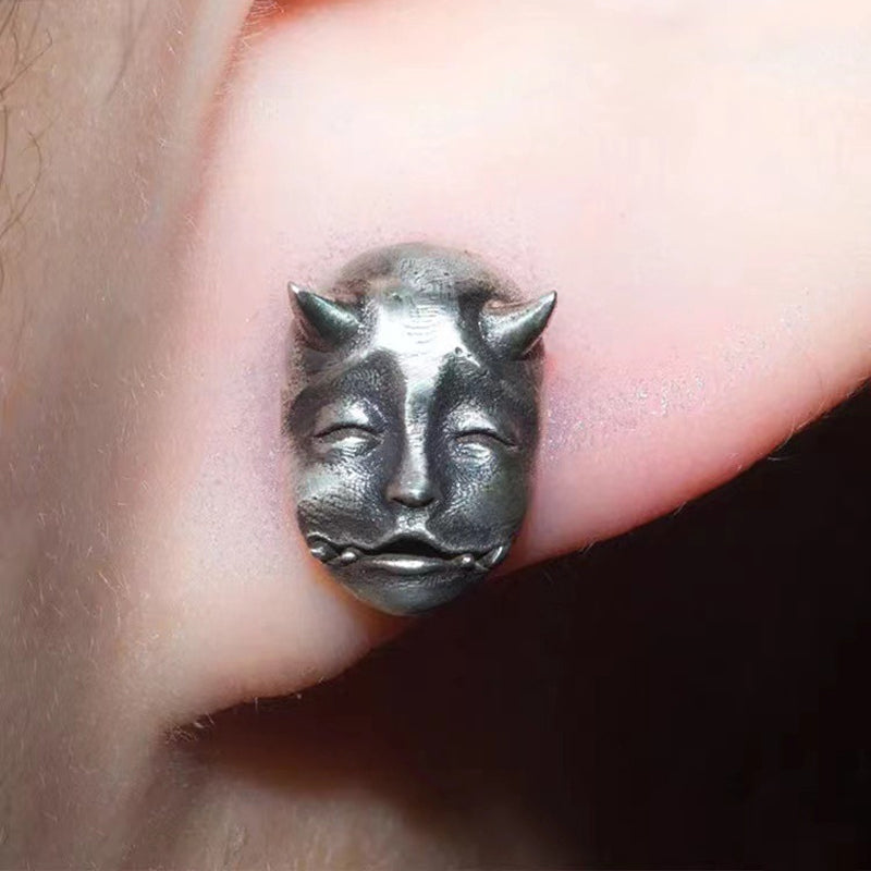 sengpan  gifts for men Gothic Horned Demon Baby Face Stud Earrings Vintage Devil Prajna Skull Earrings Unisex Biker Punk Evil Studs Jewelry