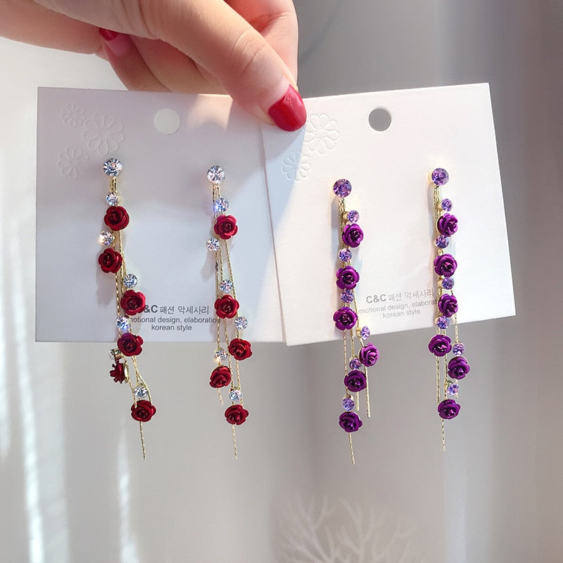 sengpan South Korea web celebrity super fairy temperament elegant Hyun fashion fashion earrings delicate purple flowers rose earrings