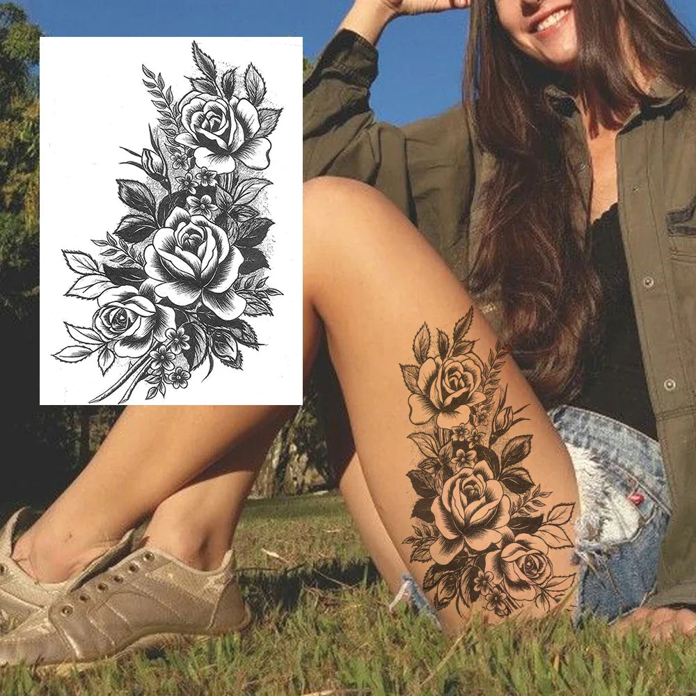 sengpan Sexy Flower Temporary Tattoos For Women Body Art Painting Arm Legs Tattoos Sticker Realistic Fake Black Rose Waterproof Tattoos