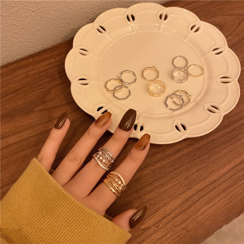 sengpan Fashion New Retro Gold Silver Color Metal Polygon Ring Smooth Irregular Geometric Open Thing Rings for Women Jewelry Gifts