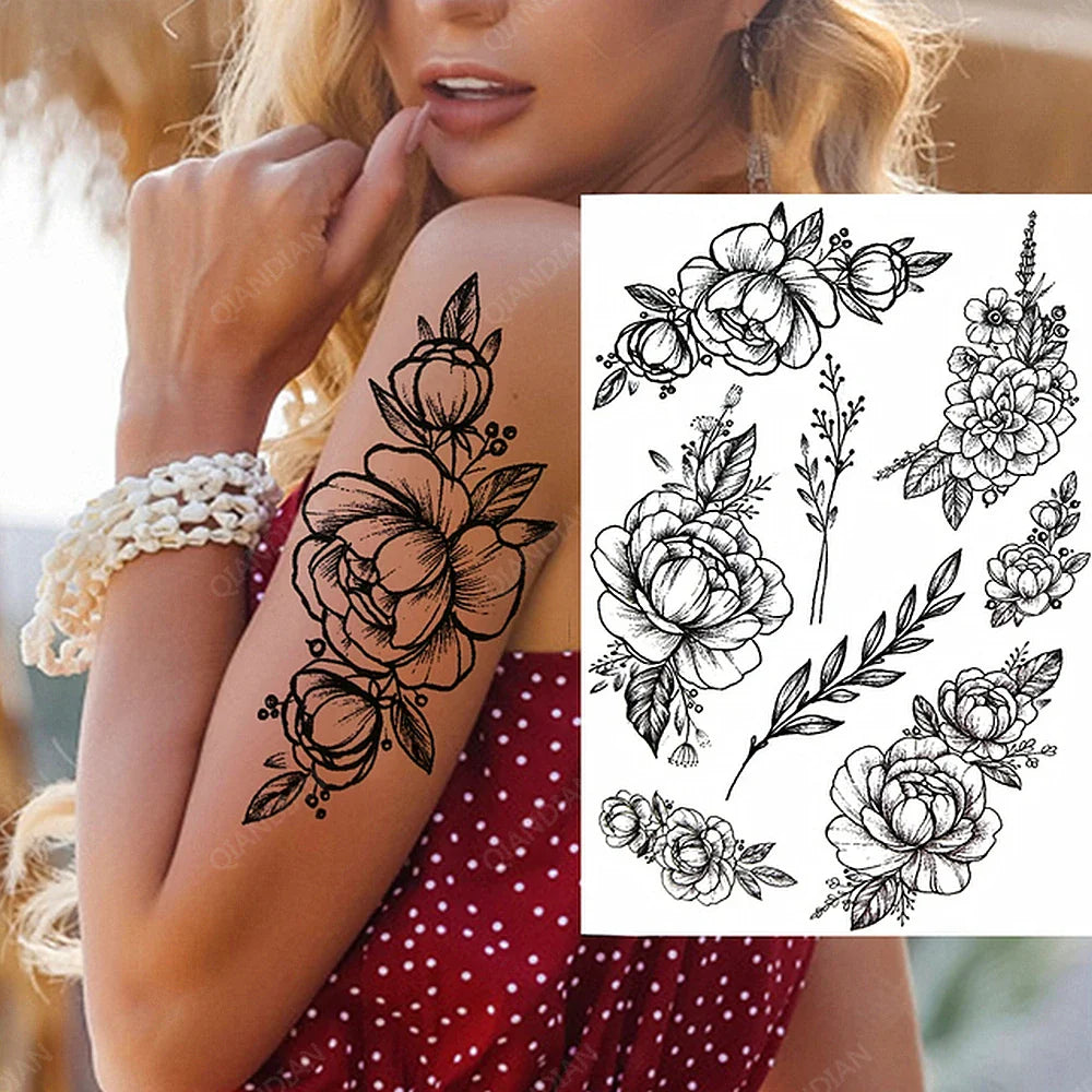 sengpan Black Flower Rose Waterproof Temporary Bird Snake Sexy Body Arm Leg Gem Henna Tattoo Fashion Big Fake Sleeve Sticker