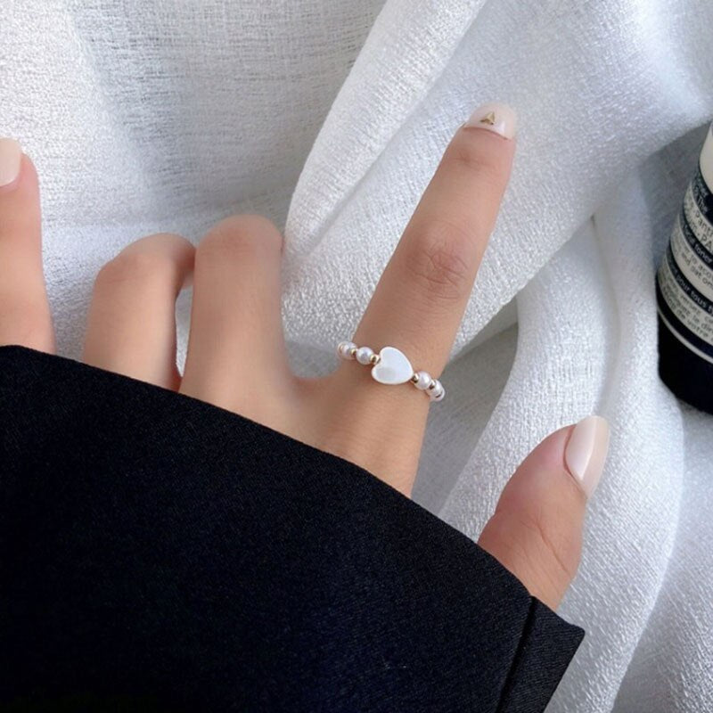 sengpan Christmas decor ideas Simple Fashion Elastic Rope Pearl Women's Ring Korea Elegant Female Heart-Shaped Charm Ladies Party Ring Jewelry Girl Gift