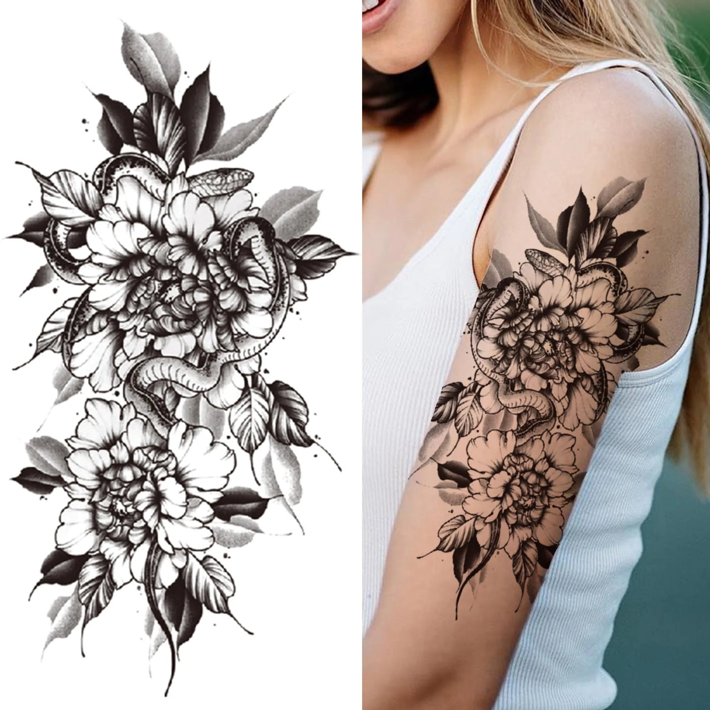 sengpan Death Skull Flower Temporary Tattoo For Women Girls Snake Bird Peony Tattoo Sticker Black Fake Blossom Sexy Tatoo Transfer Adult