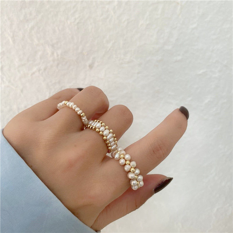 sengpan New Trendy Chic Geometric Braided Natural Baroque Pearl Metal Adjustable Opening Rings for Women Retro Ring Jewelry