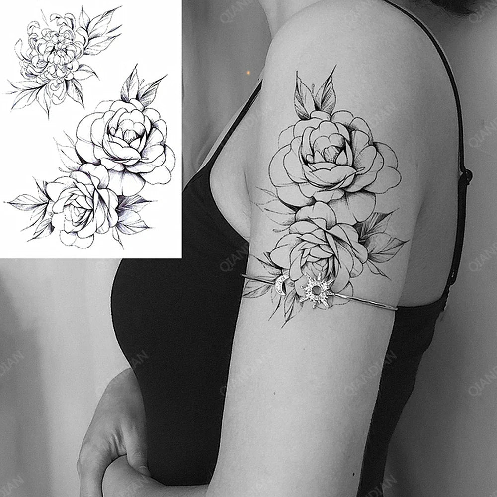 sengpan Black Flower Rose Waterproof Temporary Bird Snake Sexy Body Arm Leg Gem Henna Tattoo Fashion Big Fake Sleeve Sticker