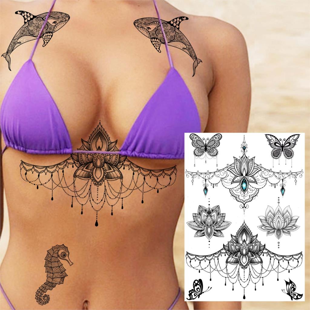 sengpan western jewelry for women Black Henna Lace Temporary Tattoos Sticker For WOmen Butterfly Moth Mehndi Flower Fake Tatoo Sticker Feather Flora Tatoo