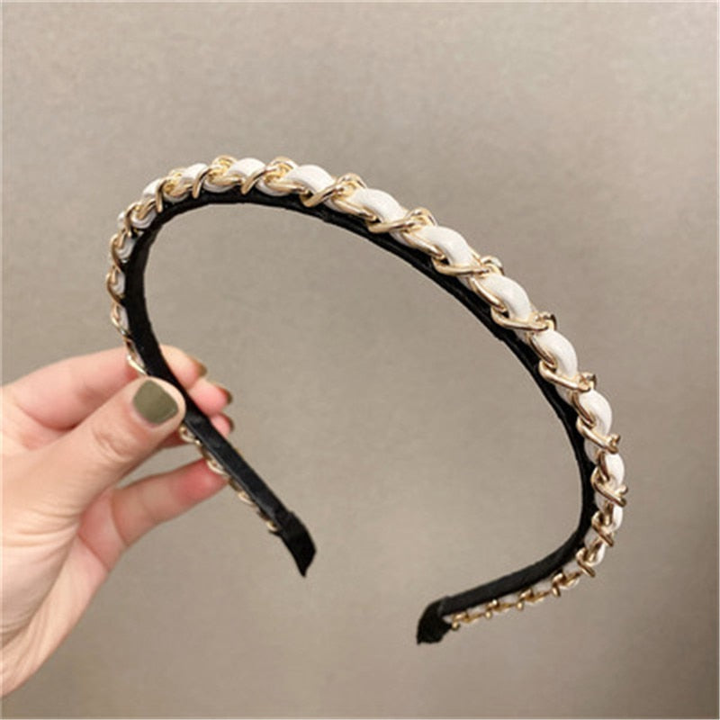 sengpan Slim Narrow Headband For Women Girl PU Leather Chains 5 Simple Camellia Hair Band Accessories Korean New Wholesale Office Gift