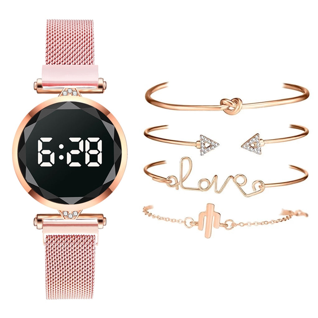 sengpan Christmas wishlist 5pcs Set Bracelet Watch Women Luxury Digital Magnet Rose Gold Stainless Steel Led Quartz Watches Relogio Feminino Dropshipping