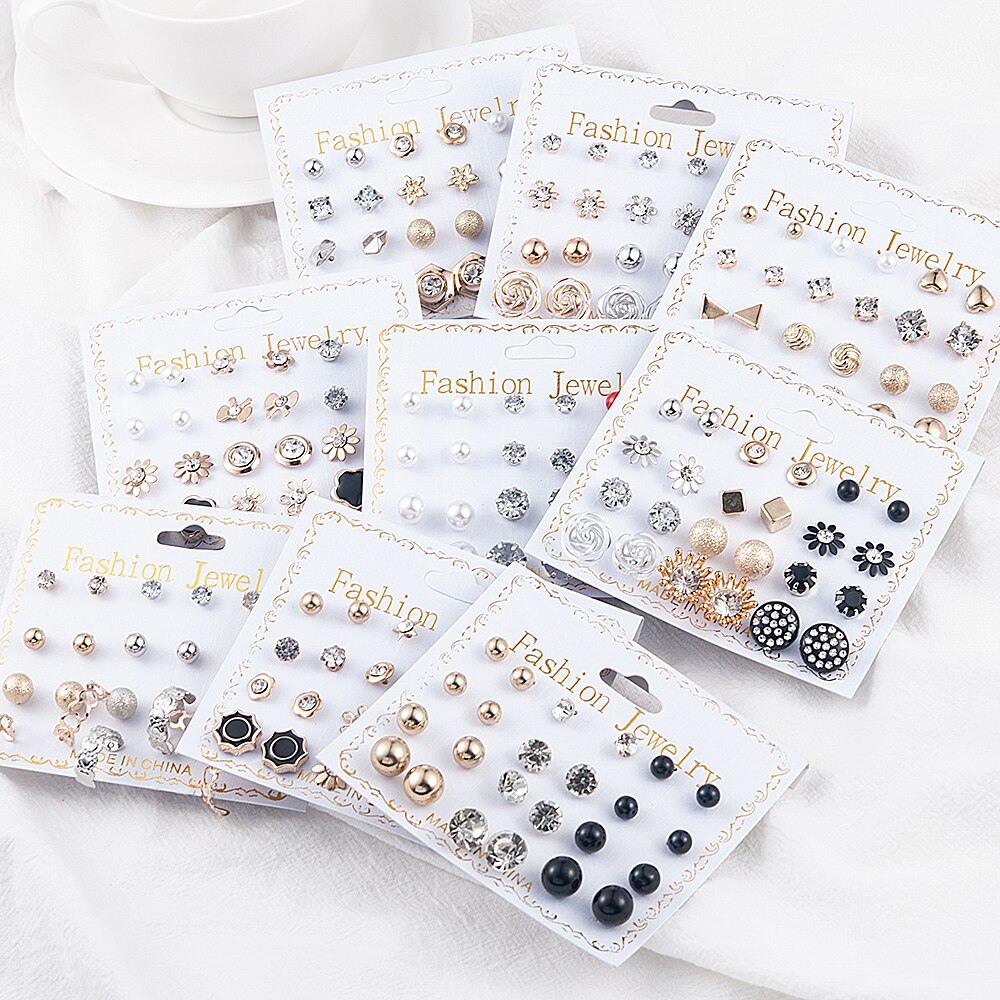 sengpan easter ifts for women 12 Pairs/Set Women's Pearl Flower Crystal Mix Design Studs Earrings Girls Elegant Gold Heart Ear Jewelry Gift Aretes De