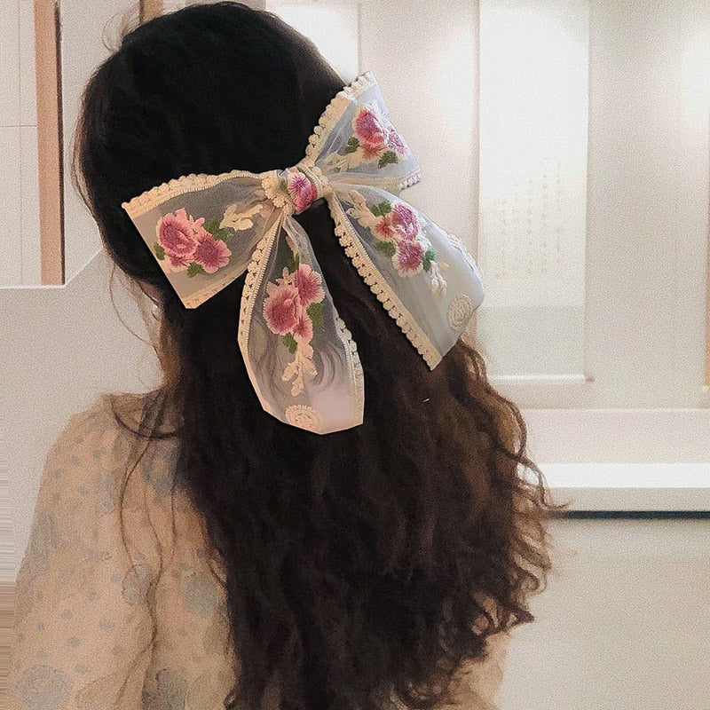 sengpan Retro Geometric Pink Rose Lace Ribbon Hairpin Korean Flower Embroidery Oversized Bow Spring Clip for Women Bridal Wedding