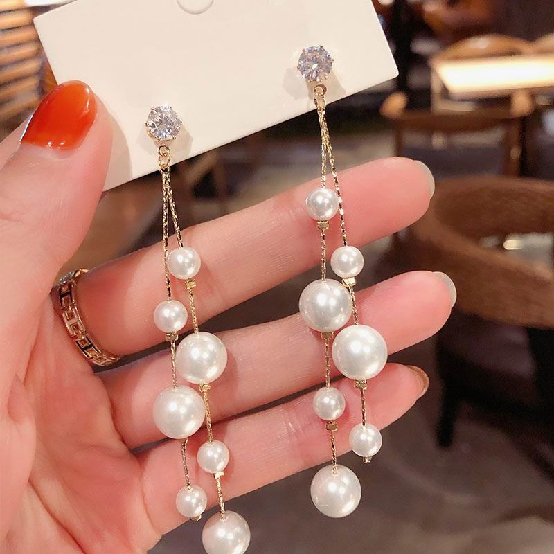 sengpan Christmas gifts ideas New Style Tassel With Pearl Ladies Long Earrings Korea Simulation Pearl Long Chain Earrings Earrings Wedding Jewelry