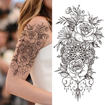 sengpan Lotus Flower Temporary Tattoo For Women Girls Snake Peony Lily Rose Chains Tattoos Sticker Black Blossom Fake Transferable Tatoo