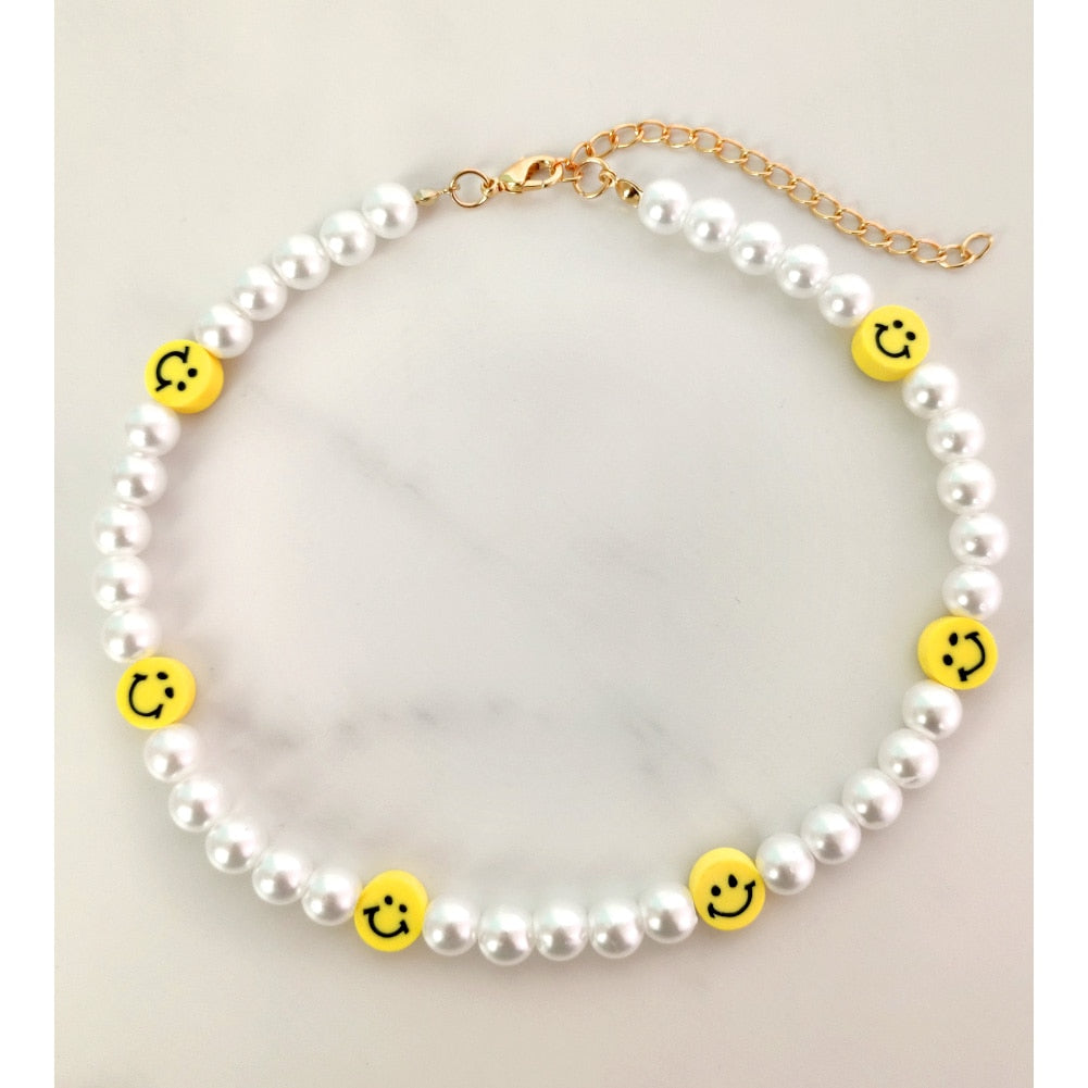 sengpan Christmas gifts ideas Boho Multilayered Yellow Daisy Seed Beads Choker Necklace Smiley Pearl Beaded Necklaces For Women Handmade Strand Travel Jewelry