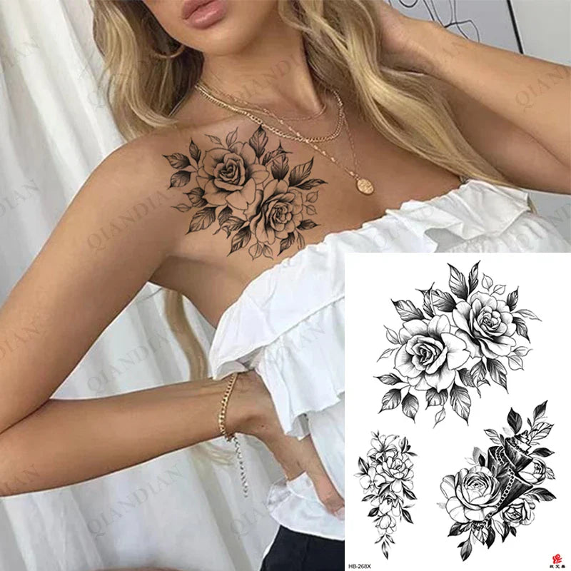 sengpan Black Flower Rose Waterproof Temporary Bird Snake Sexy Body Arm Leg Gem Henna Tattoo Fashion Big Fake Sleeve Sticker