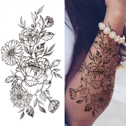 sengpan Black 3D Rose Temporary Tattoo For Women Girls Adult Peony Dahlia Flower Tattoos Sticker Black Flora Glory Geometric Arm Tatoos