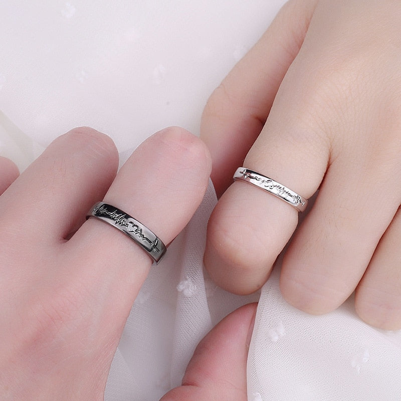 sengpan Christmas wishlist 2Pcs Love Heart Electrocardiogram Couple Open Rings For Women Men Lover Black Silver Color Engagement Wedding Valentine'Day Gift