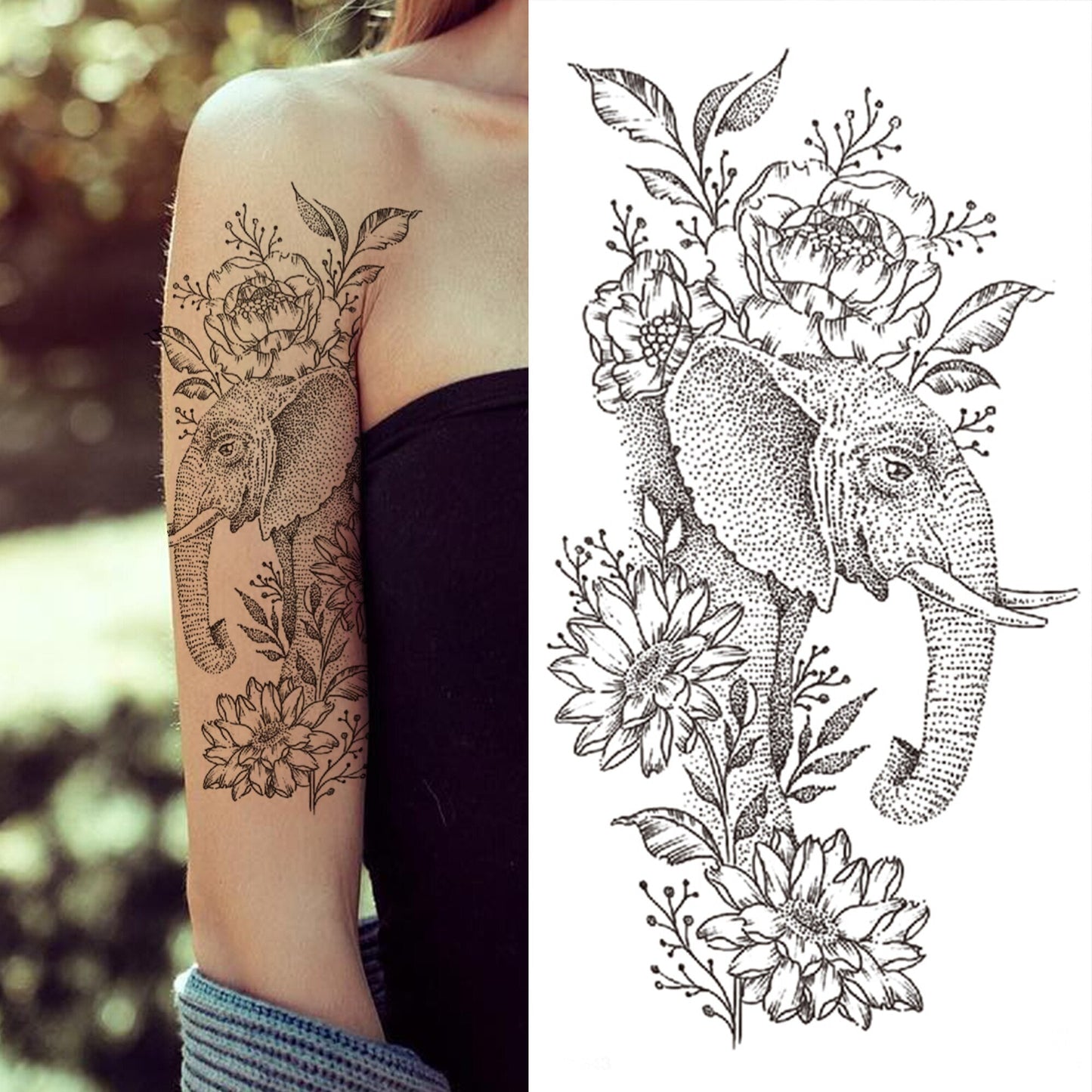 sengpan Black 3D Rose Temporary Tattoo For Women Girls Adult Peony Dahlia Flower Tattoos Sticker Black Flora Glory Geometric Arm Tatoos