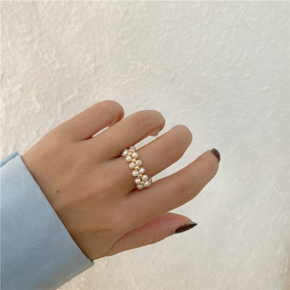 sengpan New Trendy Chic Geometric Braided Natural Baroque Pearl Metal Adjustable Opening Rings for Women Retro Ring Jewelry