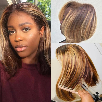 sengpan Straight Short Bob Wig Highlighted Transparent Lace Frontal Human Hair Wigs For Women Honey Blonde Ombre Highlight 13x4 Lace Wig