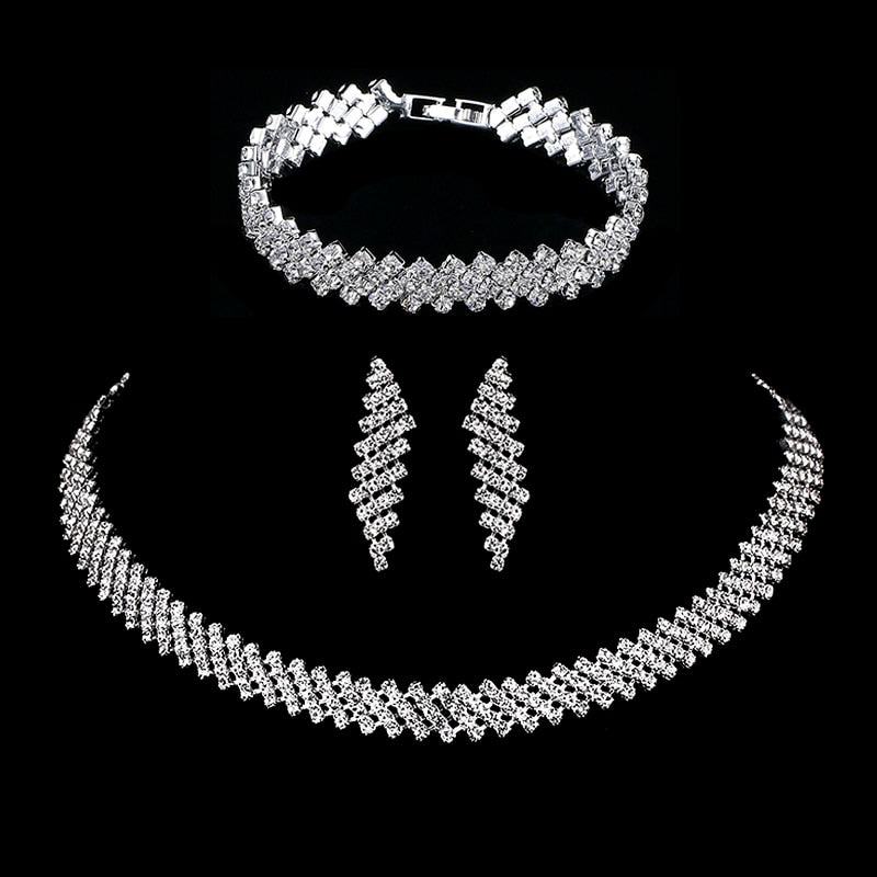 sengpan Silver Color Rhinestone Crystal Bridal Jewelry Sets for Women Necklace Earrings Bracelet Set Wedding Jewelry Accessories