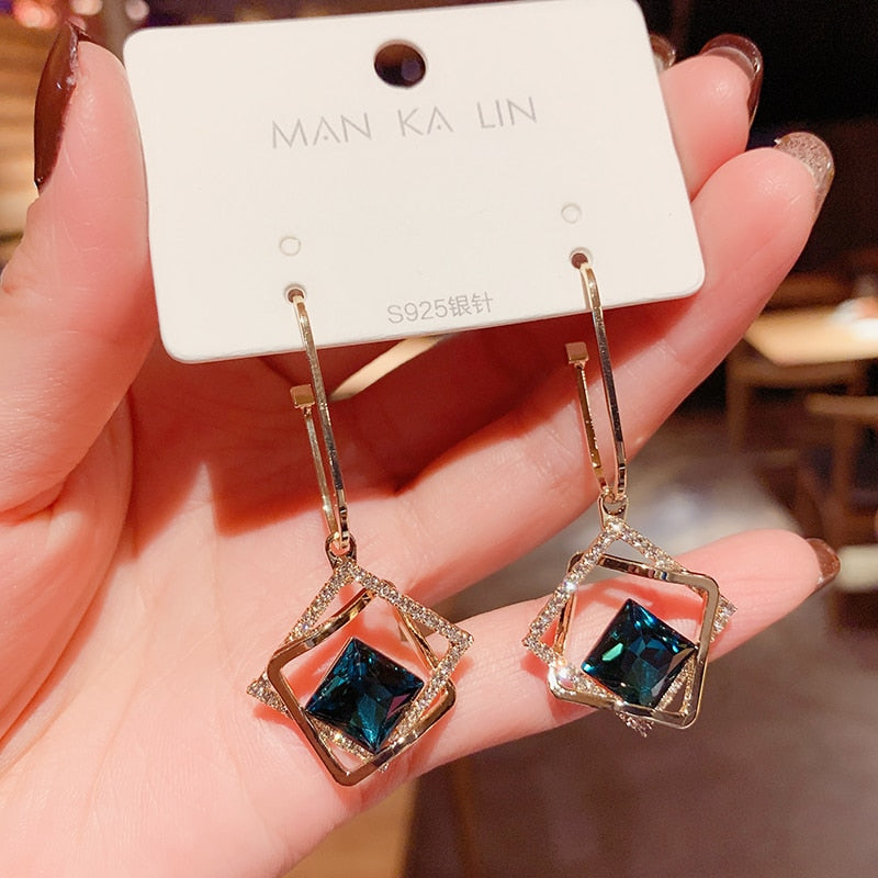 sengpan Korean fashionable temperament hollow-out geometric blue crystal earring new fashionable personality exaggerated earrings female