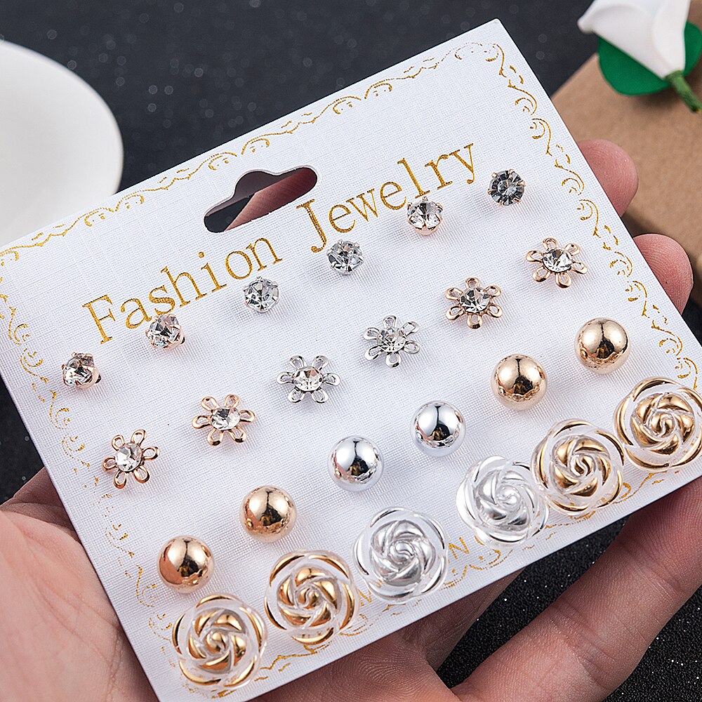 sengpan easter ifts for women 12 Pairs/Set Women's Pearl Flower Crystal Mix Design Studs Earrings Girls Elegant Gold Heart Ear Jewelry Gift Aretes De