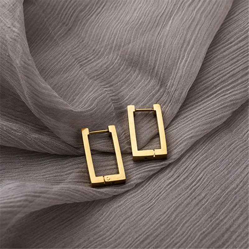 Lianfudai  Stainless Steel Geometric Earrings Rectangular metal Hoop earrings for Women New trendy jewelry Gift