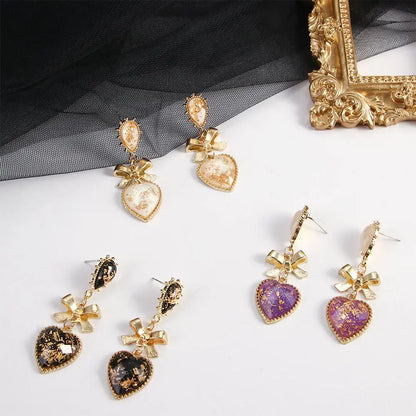 sengpan Bowknot Heart Resin Earrings Korean Classic Style Golden Peach Heart Stud Earrings For Woman Jewelry Valentine's Day present