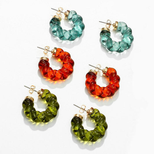 sengpan Creative C Shape Green Resin Twist Hoop Earrings For Women Geometric Transparent Splicing Earrings Accessories Party Gifts