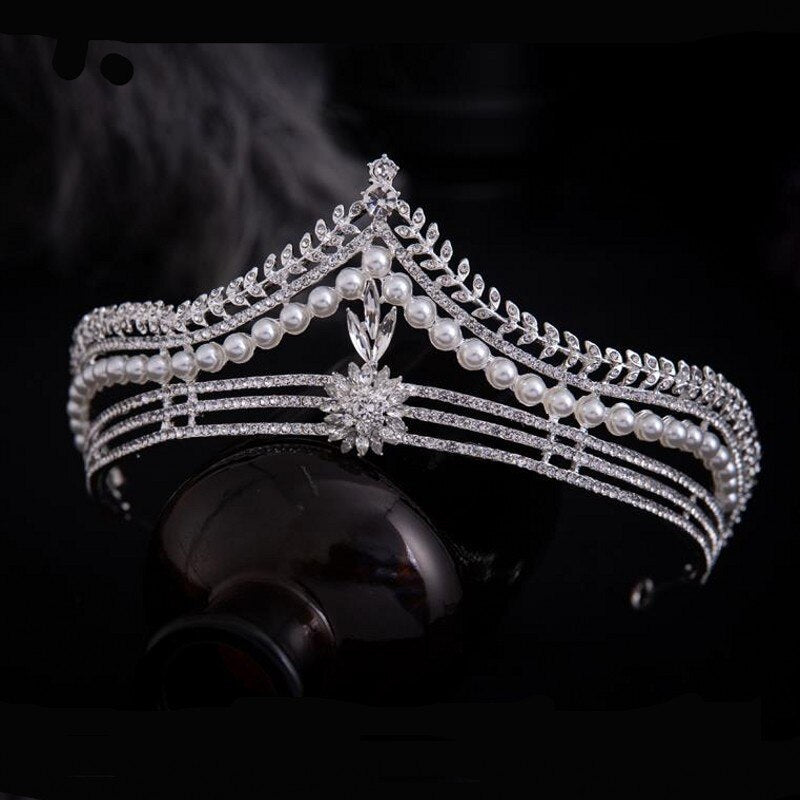 sengpan bridal jewelry set for wedding Luxury Silver Color Crystal Pearl Leaf Bridal Tiaras Crown Geometric Rhinestone Pageant Diadem Wedding Hair Accessories